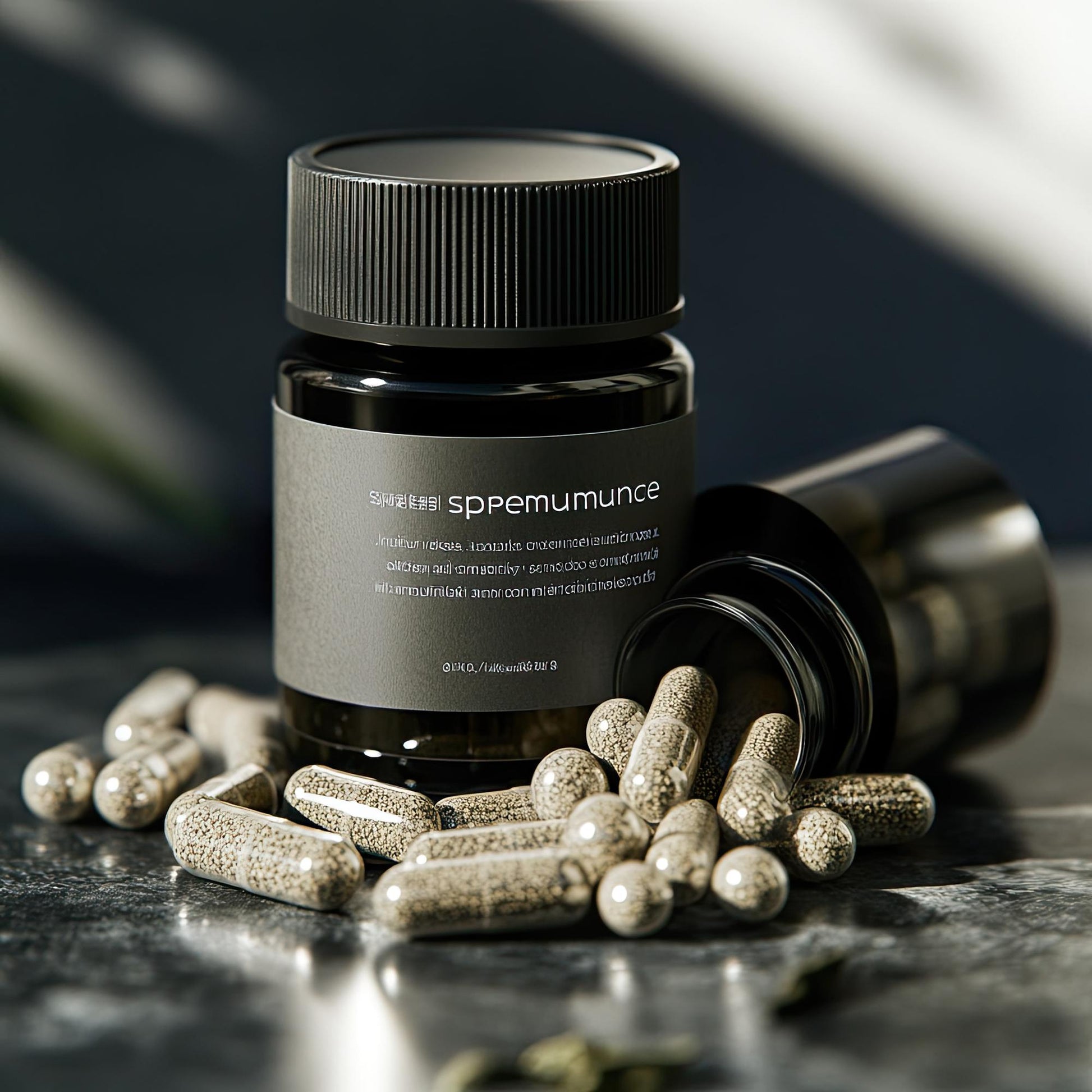 Sppe mumunce supplement bottle with capsules on a dark surface