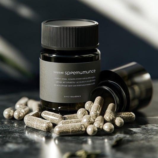 Sppe mumunce supplement bottle with capsules on a dark surface